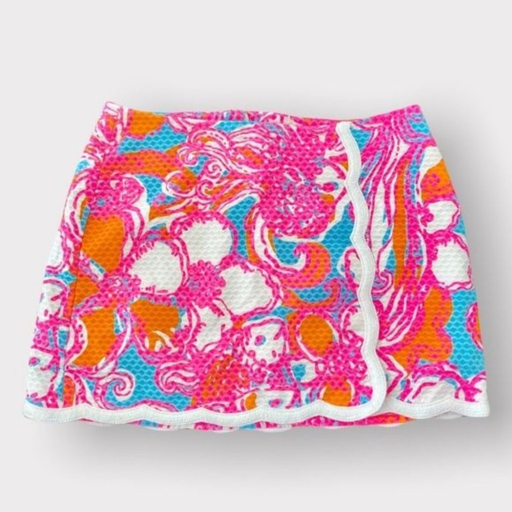 Lilly Pulitzer Pink Orange Blue Floral Scallop-Trim Skort